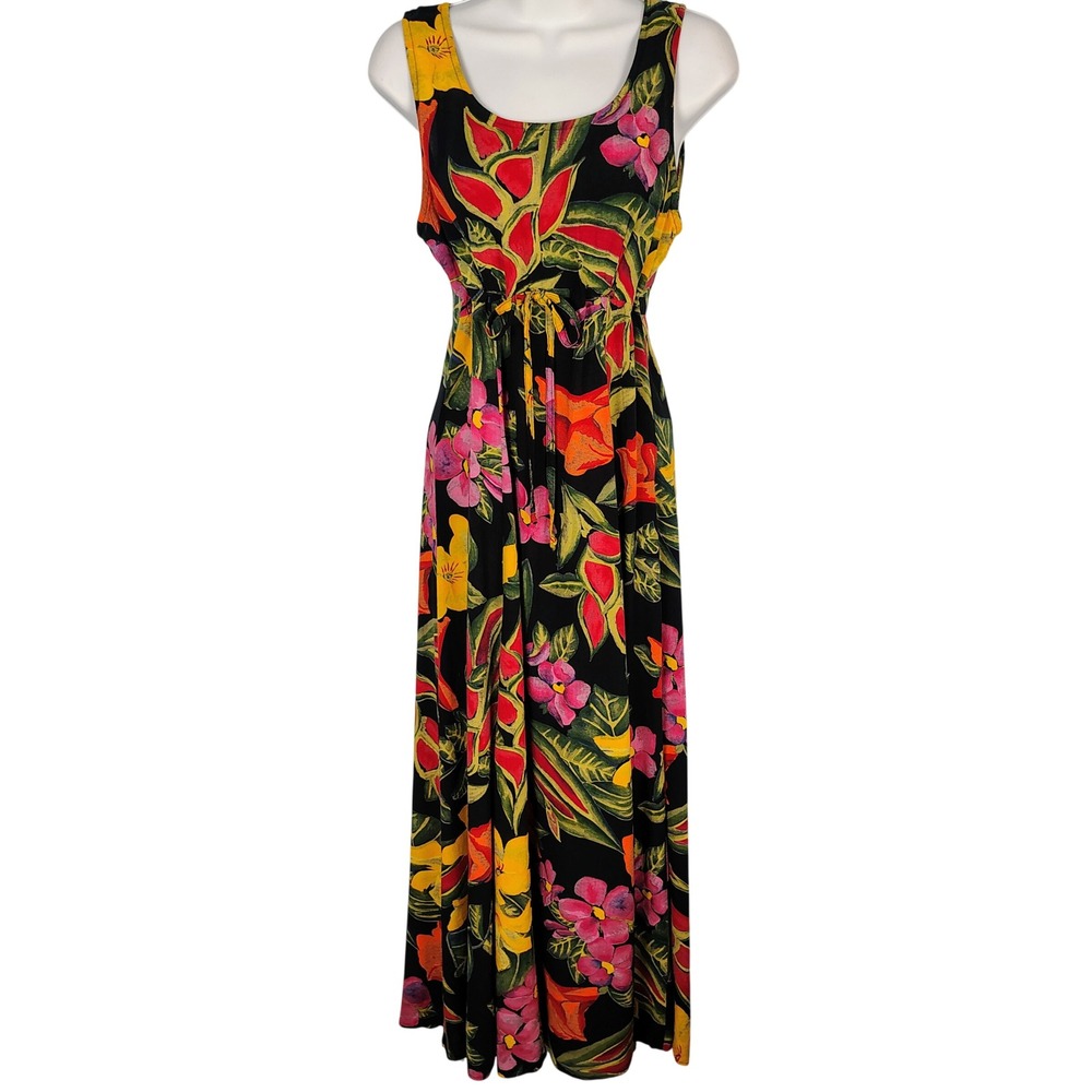 Decked Out Vintage 90s Tropical Floral Maxi Dress Black‎ Red Yellow Size 7/8 USA